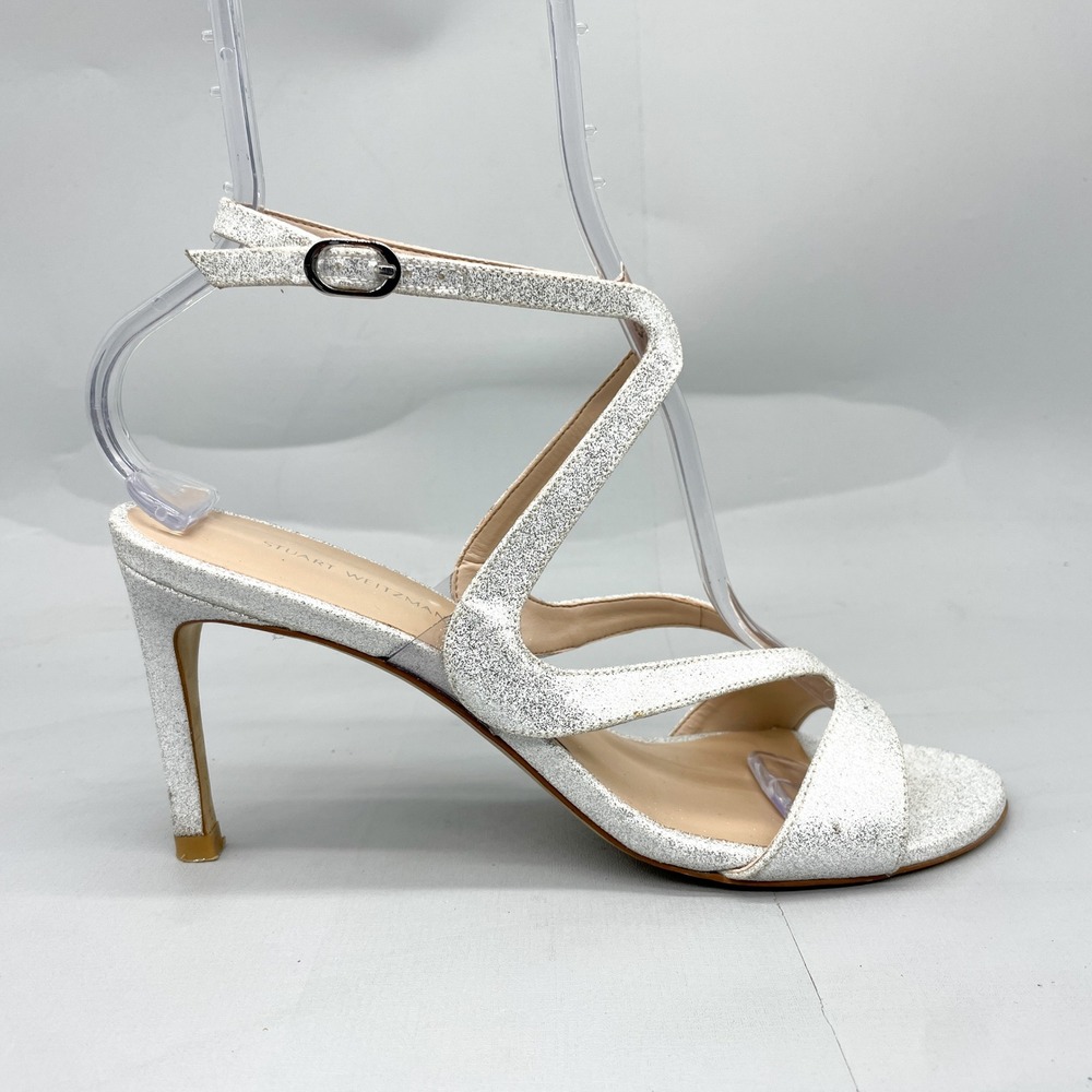 Stuart Weitzman Womens 8 Mariposa Stappy Sandals Silver Glitter Stiletto Heels